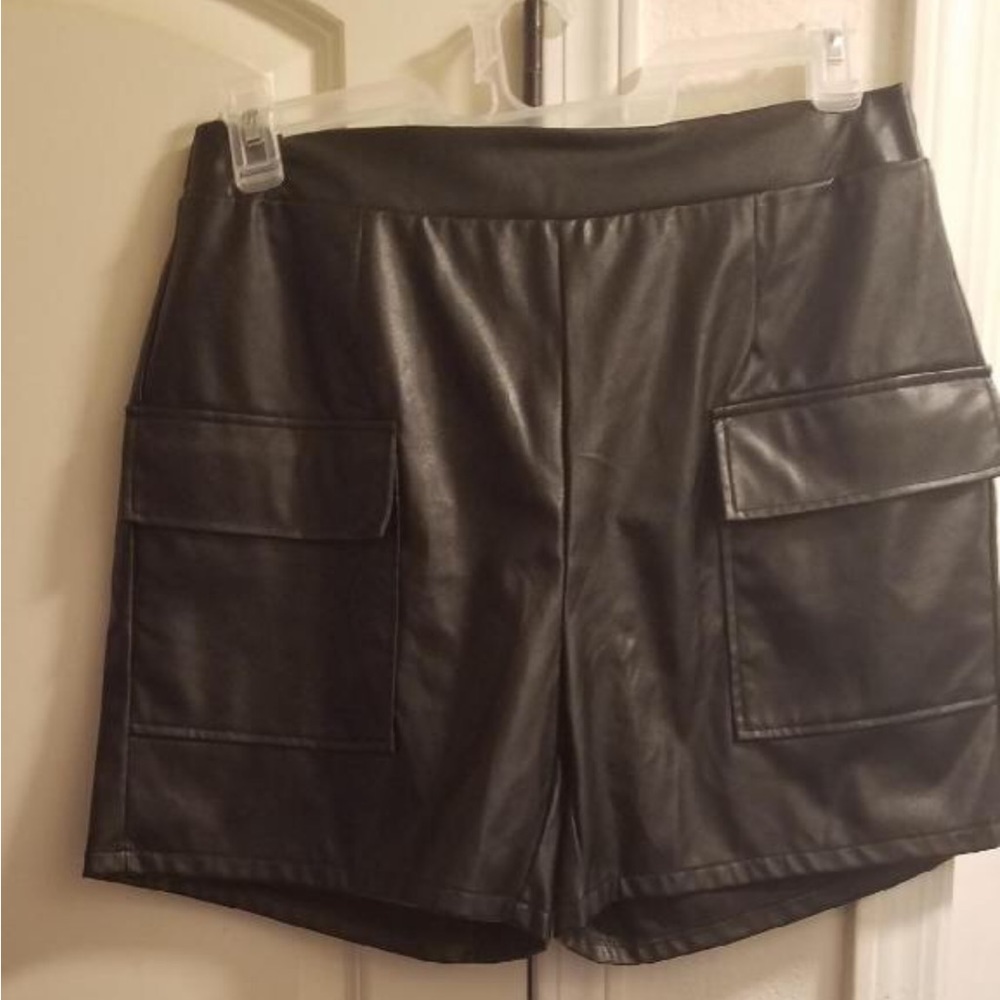 Black faux leather shorts